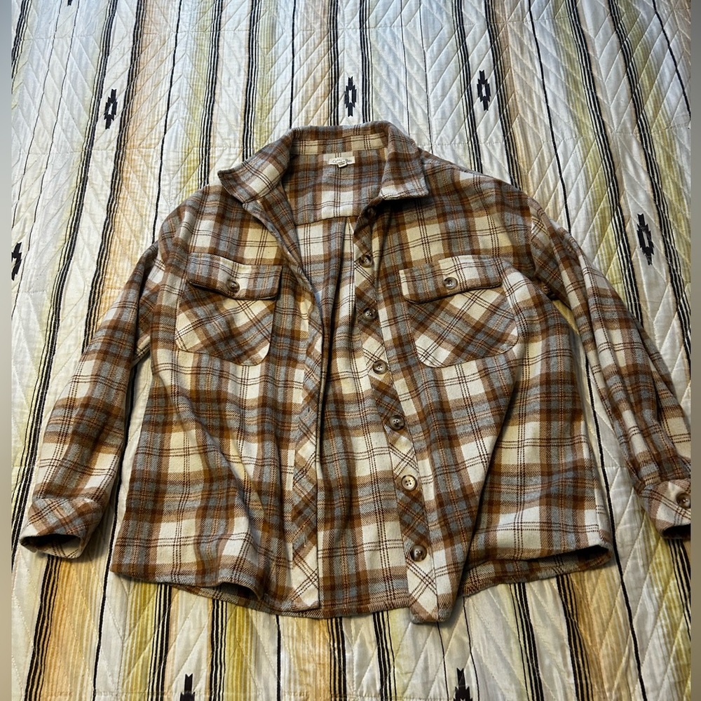 Cotton Bleu Brown Blue & White Plaid Flannel Shacket Button Down Like New Womens